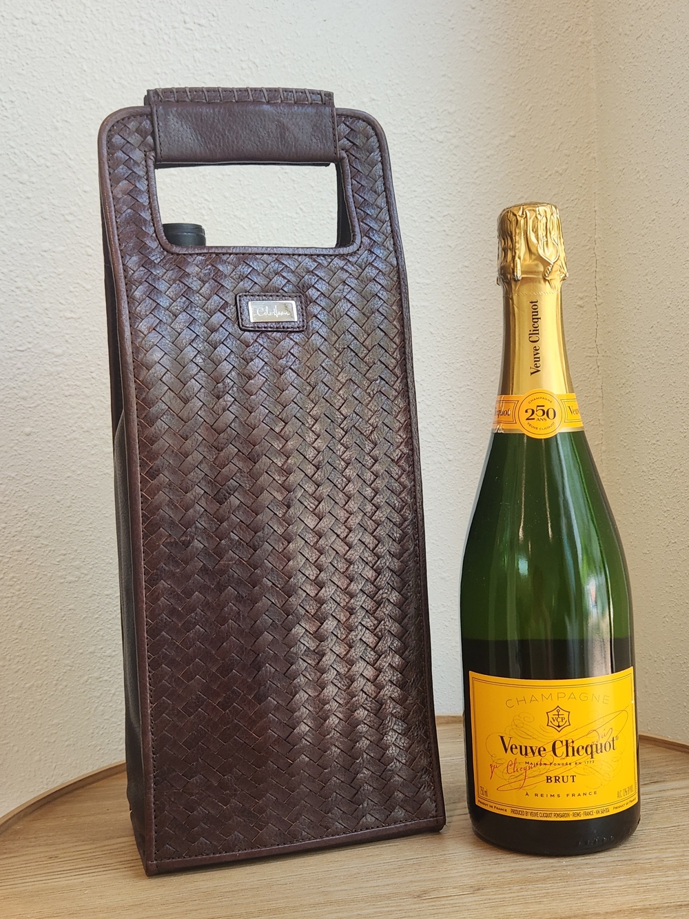 Cole Haan Brown Woven Leather Wine Bottle Carrier Tote Bag